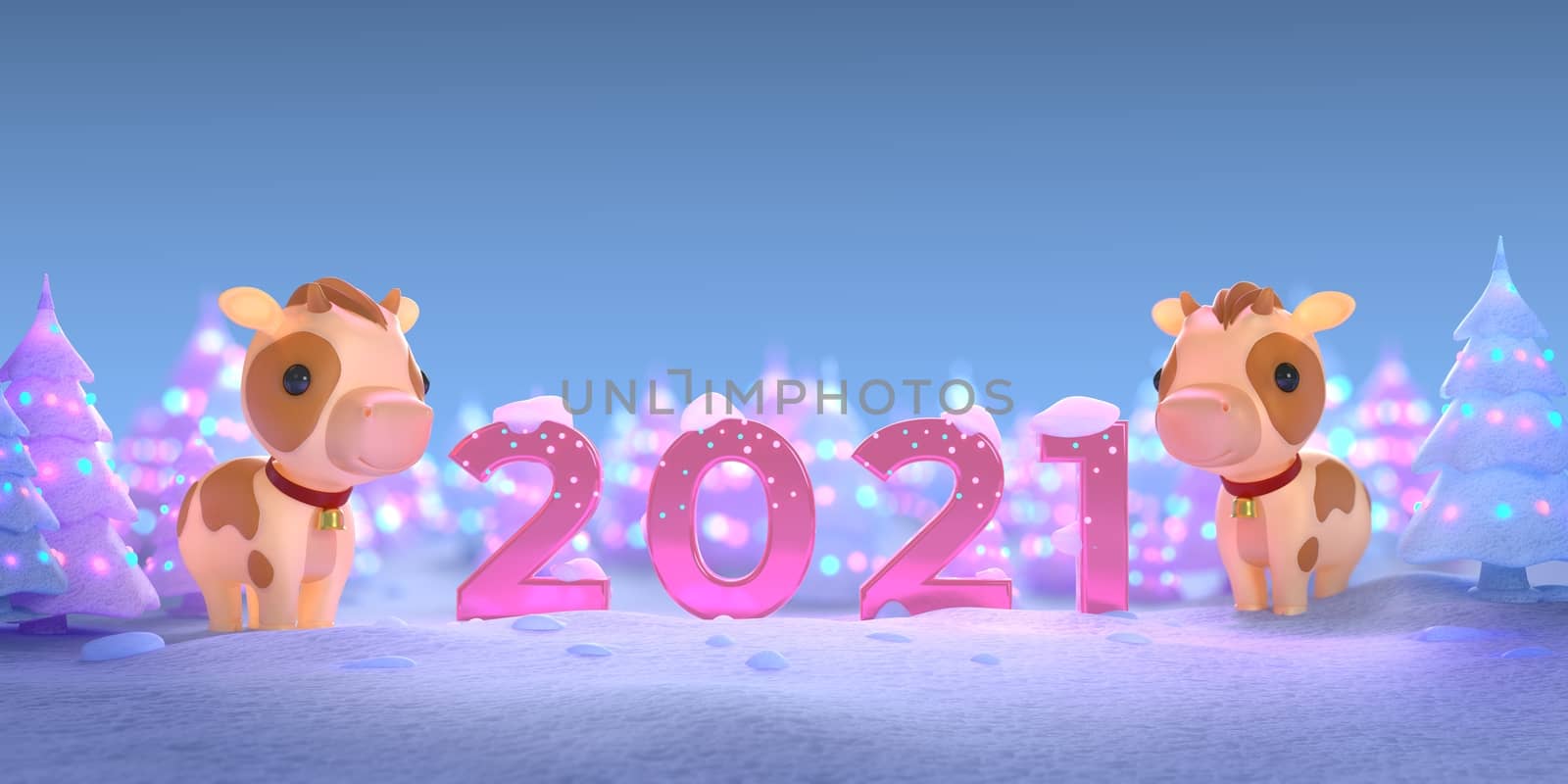 happy new year 2021 concept for the winter season. Year of the ox cow character. pine tree with snow decorates by a celebration light. 2021 pink number. 3d illustrator.