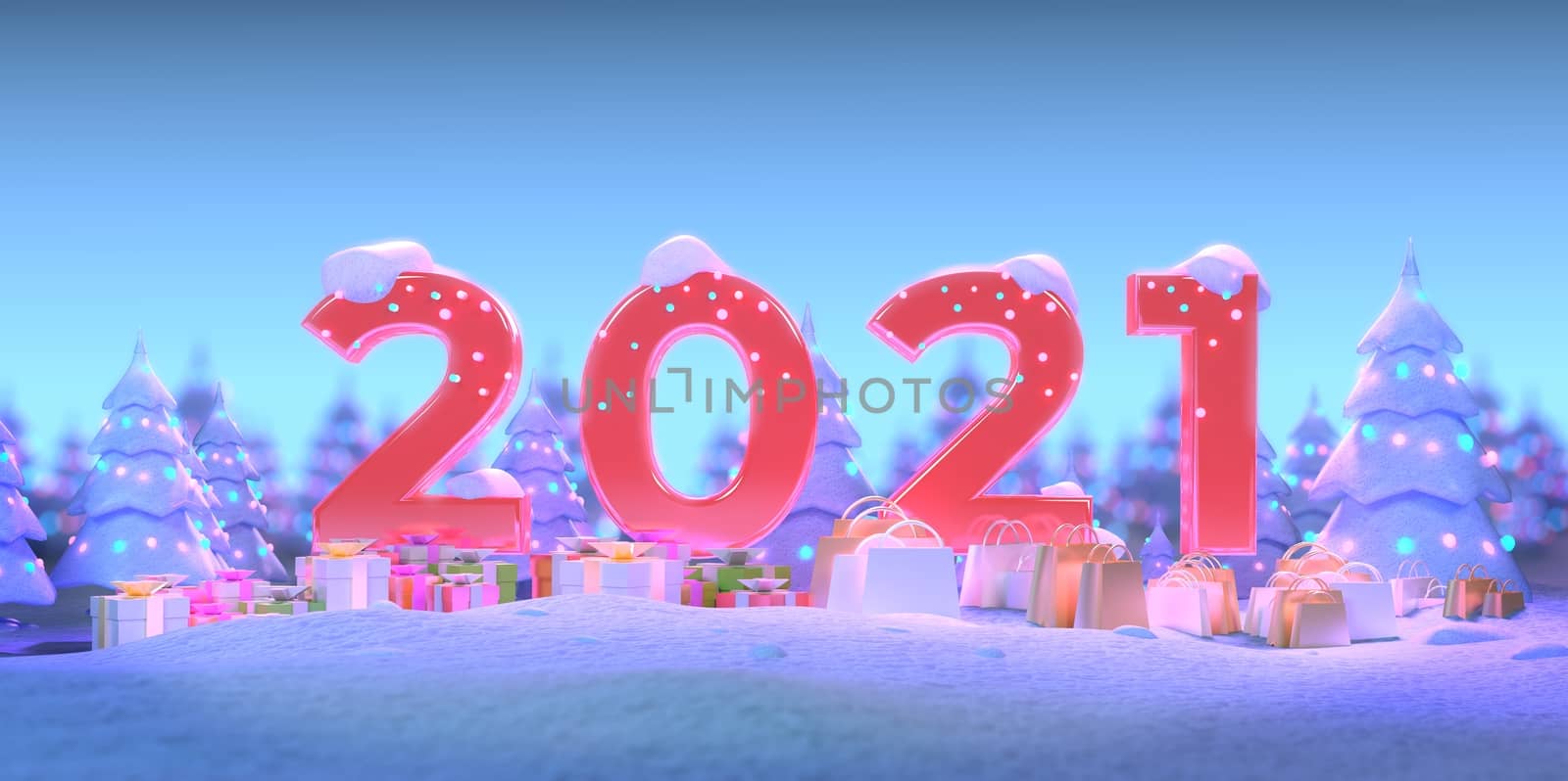 happy new year 2021 concept for the winter season.
red reflection text with Christmas light. pine tree with snow decorates by a celebration light. gift box and shopping bag on snow. 3d illustrator.