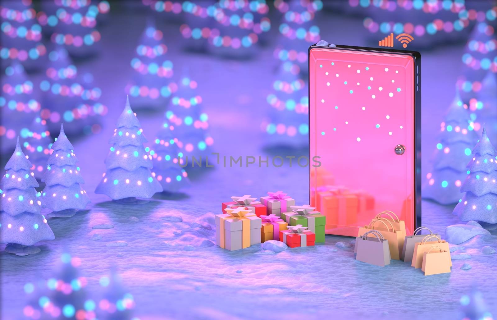 smartphone online in the winter season park. gift order app. Christmas present promotion sells. discount shopping on the internet concept. snow pink background. celebration concept. 3d illustration.