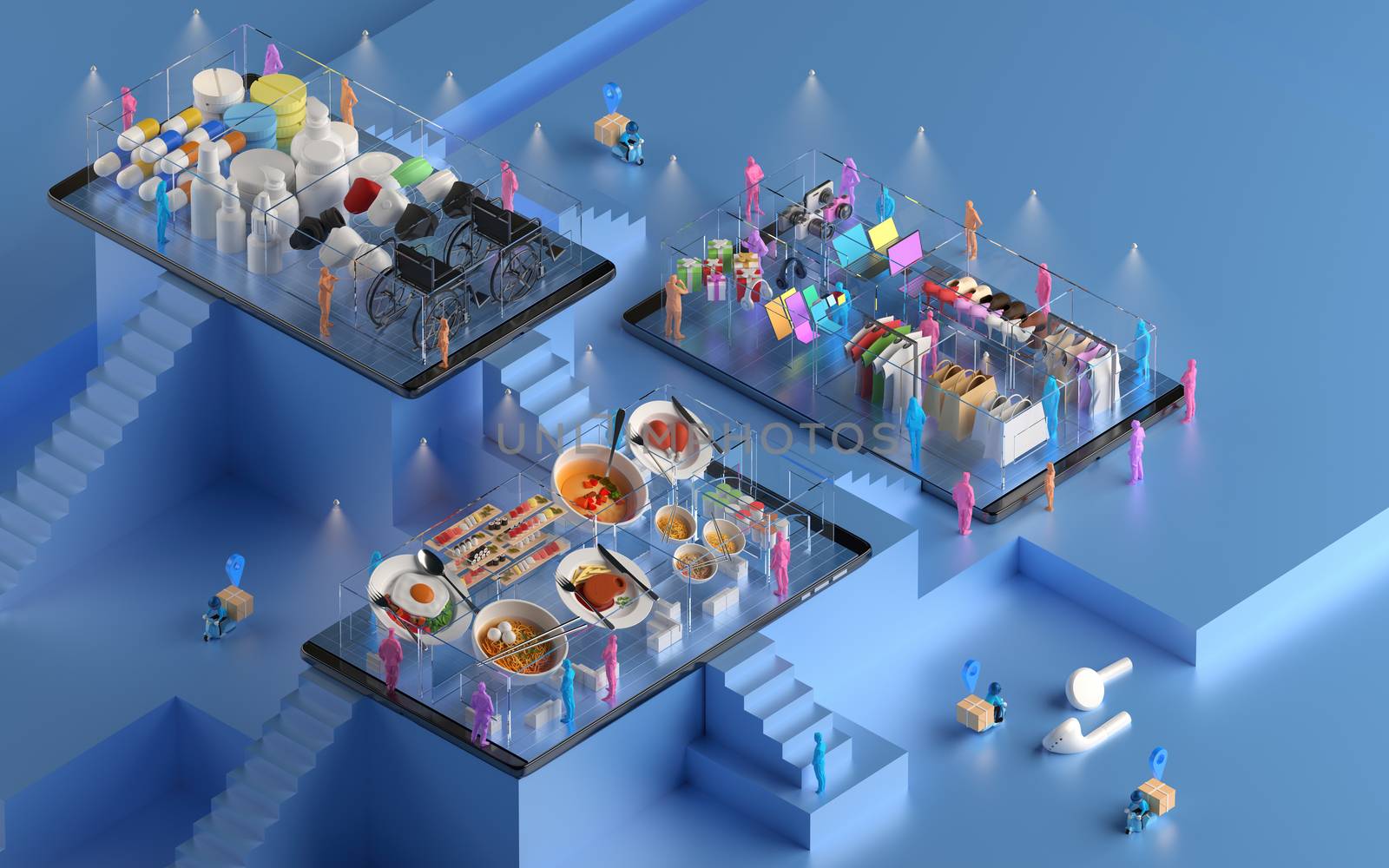 mall shopping online and delivery on smartphone applications. people buy goods at a convenience store. the crowd chooses the menu at the restaurant. pharmacy shop on a mobile phone. 3d illustrator.