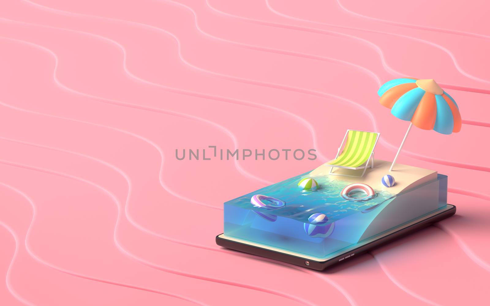 3D illustrator of Summer Beach concept on a smartphone. Coast sand isometric idea. seashore on the mobile screen. Beach chair with ball and rubber loop in ocean deep blue water. ground pink sand wave