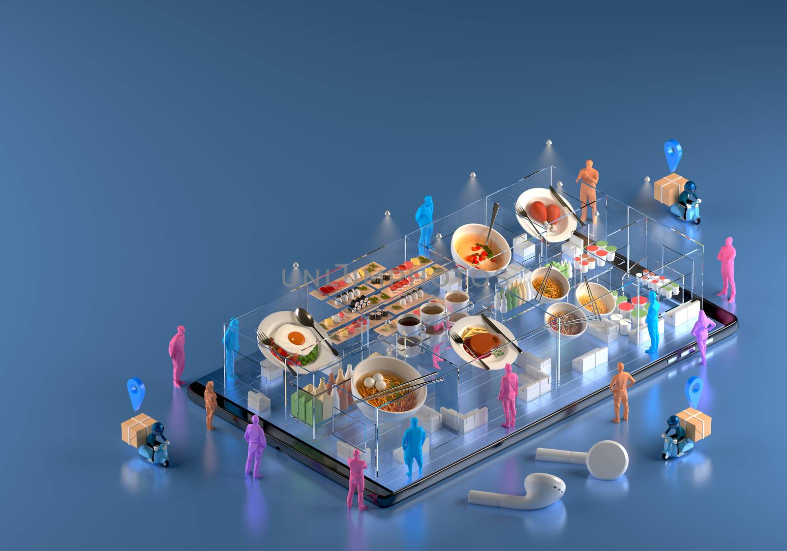 restaurant online store order applications from smartphones. food menu app shop. people shopping from home buys and delivery. social distancing digital lifestyle. tracking GPS network. 3d illustrator.