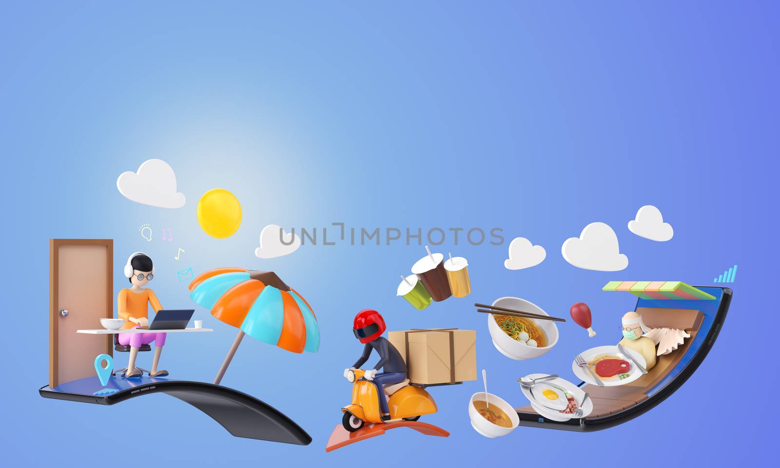 food menu order online from smartphone. delivery man carrier deliver to customer. restaurant application mobile phone. man work from home with laptop. clipping path inside 3D illustrator