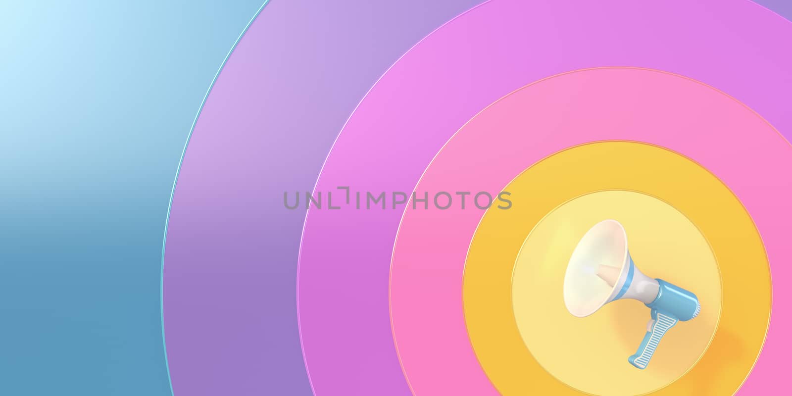 vintage white blue  Megaphone 3d illustrator graphic in a cycle signal radio wave retro concept pastel color background for announcing, news, report. widescreen wallpaper. summer sunny season idea.