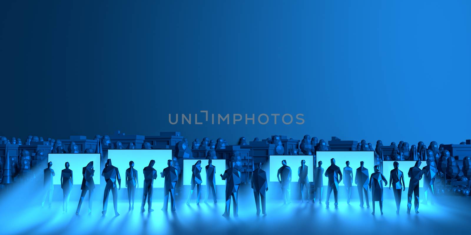 people watching a news channel program from tv screen in the park at the city town. crowd social situation panic talks together at night. blue background widescreen panorama at night. 3d illustrator