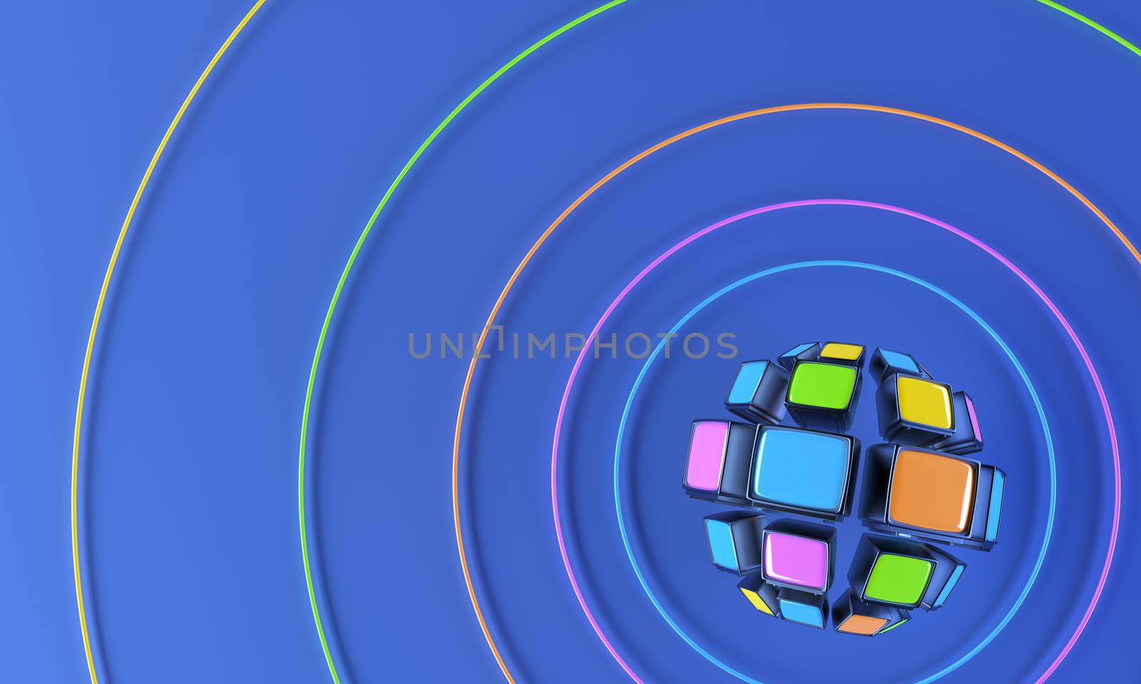 vintage retro TV in multi pastel color. signal cycle graphic. concept for radio channel on air, music video, news. screen in 360 degree. infographic idea. blue background wallpaper. 3d illustrator.