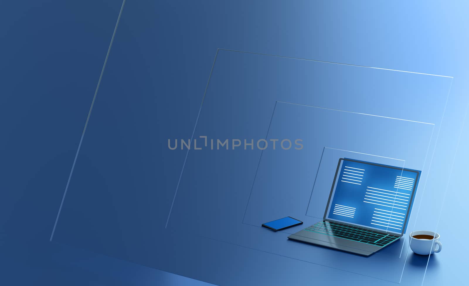 white text document graphic in a blue monitor laptop computer with a white cup of coffee. a smartphone on blue ground with soft reflection. float mirror screen graphic and copy space. 3D illustrator.