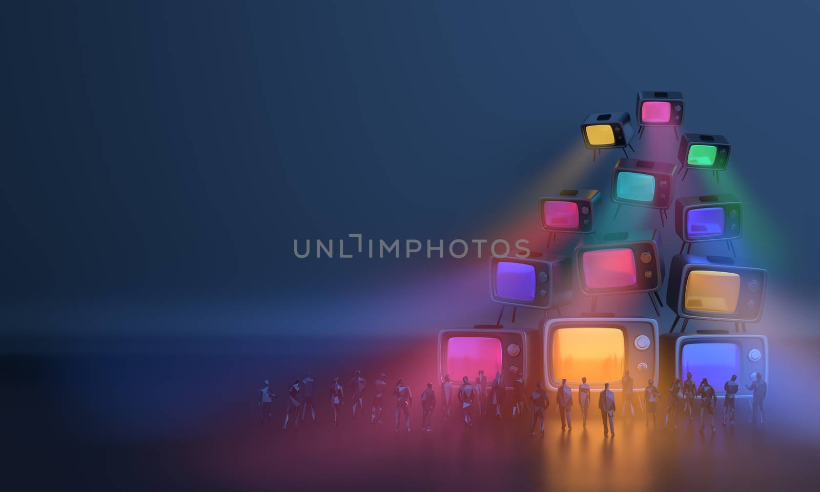 people watching breaking news live from many vintage TV screens in the blue night environment with soft reflection. low polygon graphic  of the crowd. light fog from the screen.  3D illustration.
