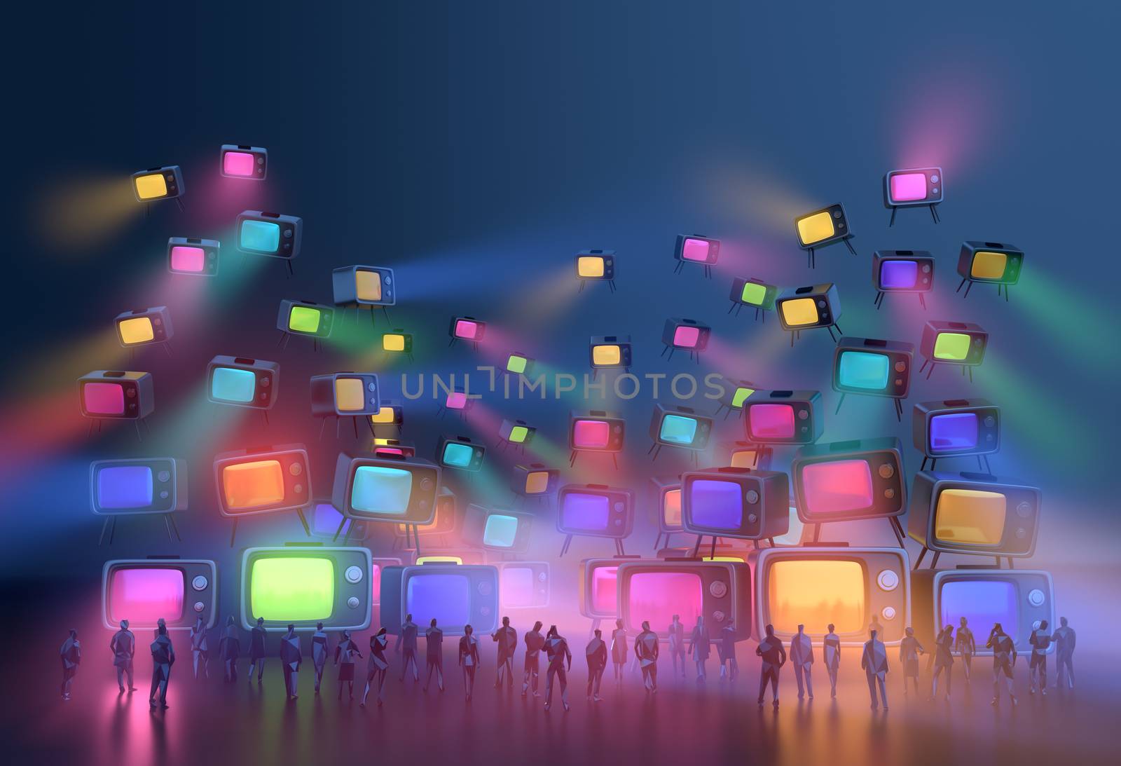 a many size colorful screen TV float in the air with the crowd. people man women watching news live streaming in the monitor together in dark blue background with fog atmosphere. 3D illustrator.