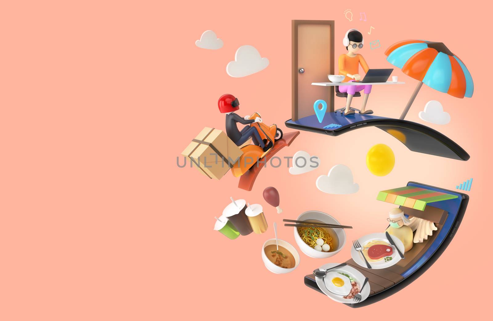 3D illustrator , people work from home and order food online from mobile app , Chef wear mask serve food and delivery man ride motorbike delivery in summertime , clipping path inside