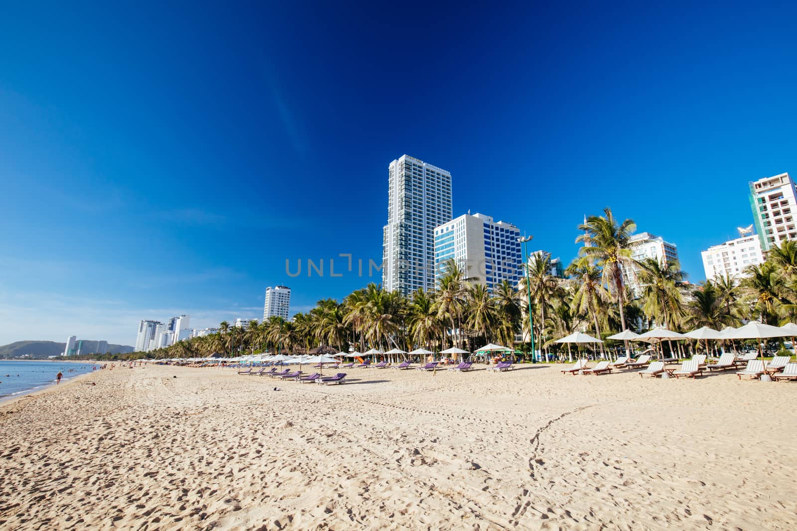 Nha Trang, Vietnam - September 26, 2018: The promenade and main beach of Nha Trang on a warm September day