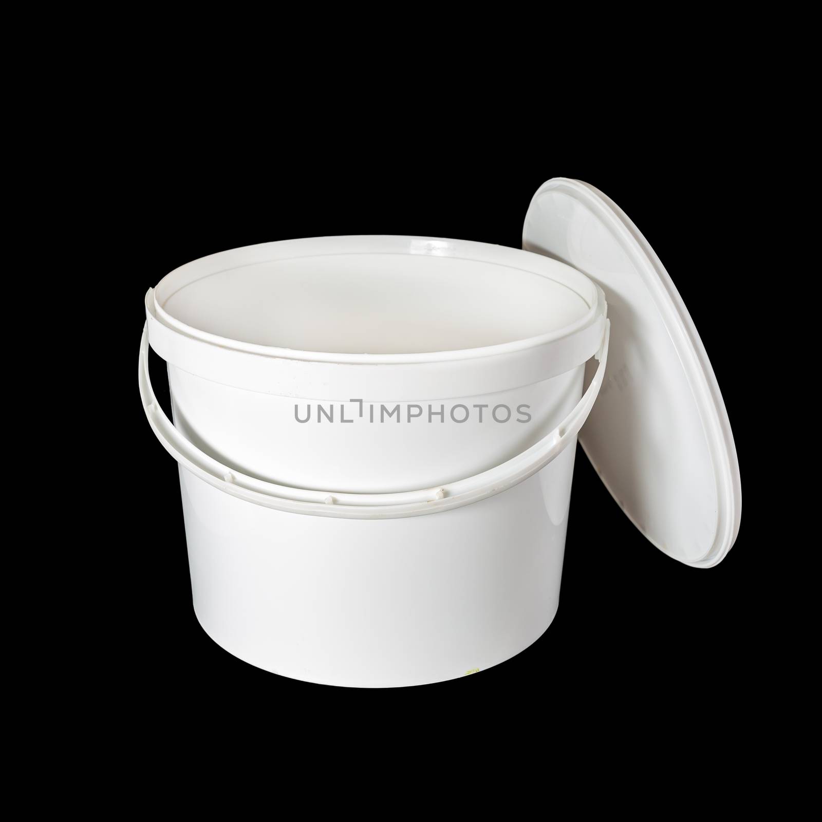 White plastic bucket with handle isolated on a white background. With a open round lid.