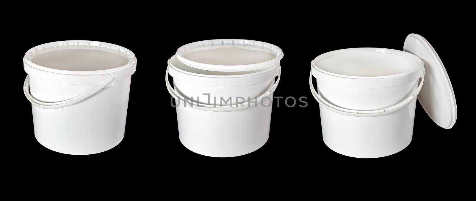 Set of white plastic bucket with handle isolated on a white background.