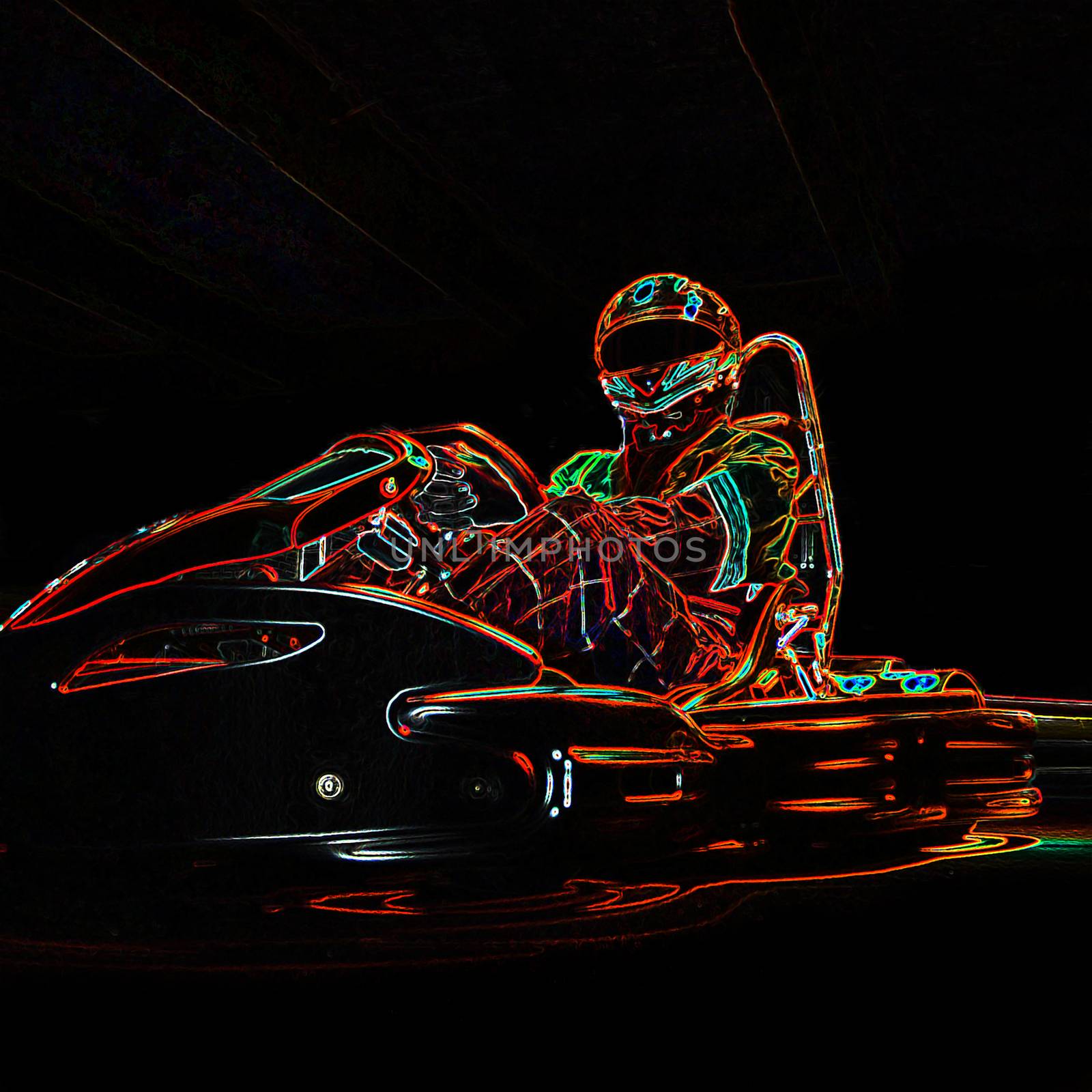 Neon racer sitting on a go-kart. Place for an inscription. Close-up.