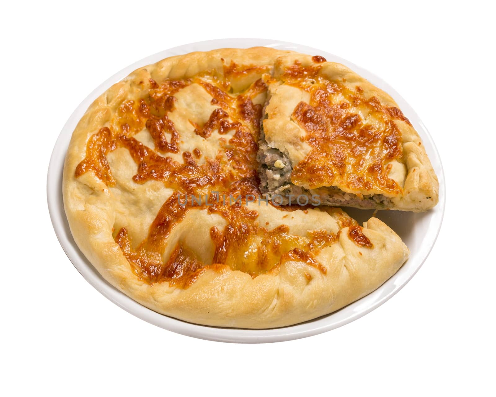 Khachapuri with meat and cilantro beef, sulguni, onion . Isolated image on white background.