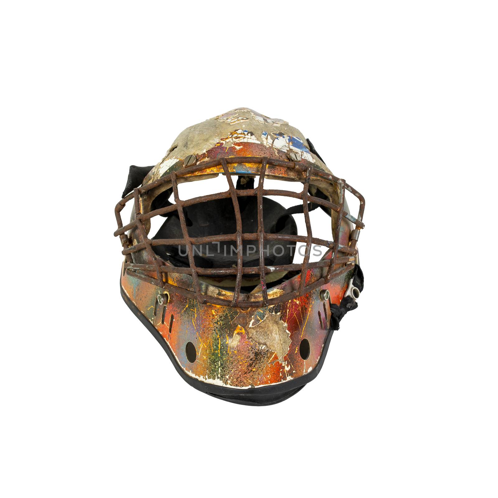 Old hockey mask for goalkeeper protection isolated on white background