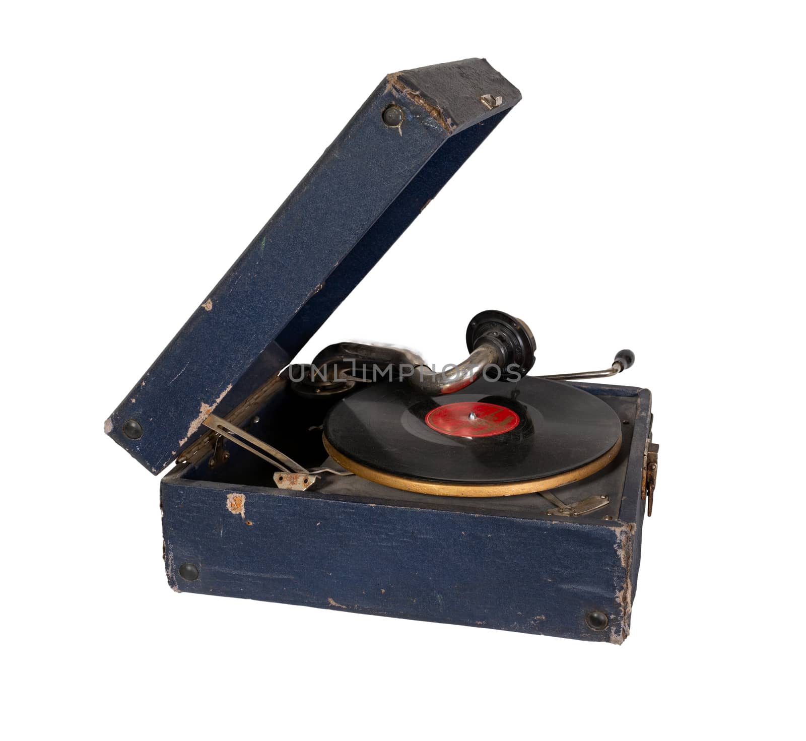 Portable wind-up gramophone. Phonograph with crank. Old gramophone with a plate record Isolated on a white background.