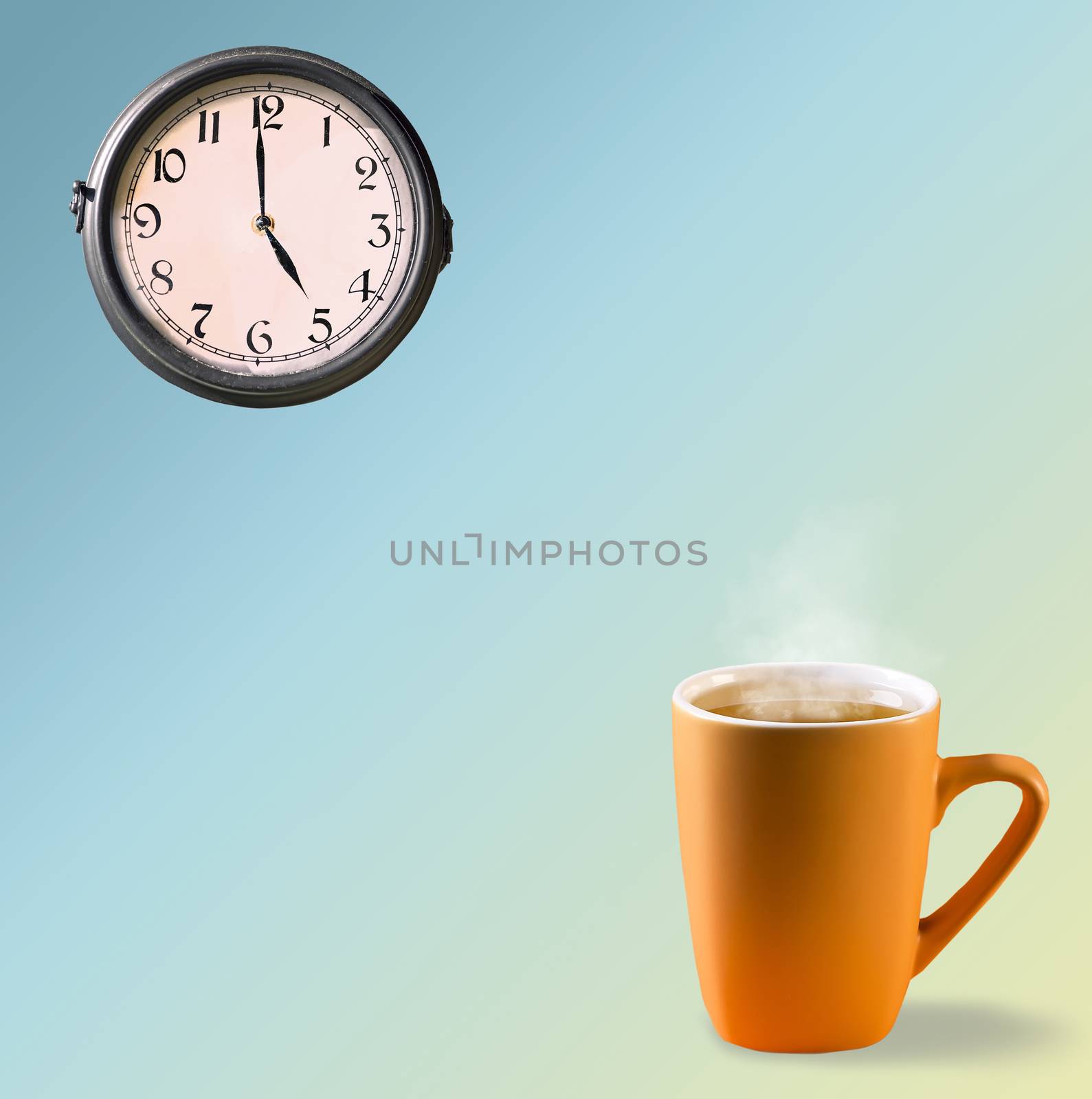 A mug of tea or coffee and a round clock on a pastel background. Concept time to drink tea coffee and traditional English tea party five o'clock