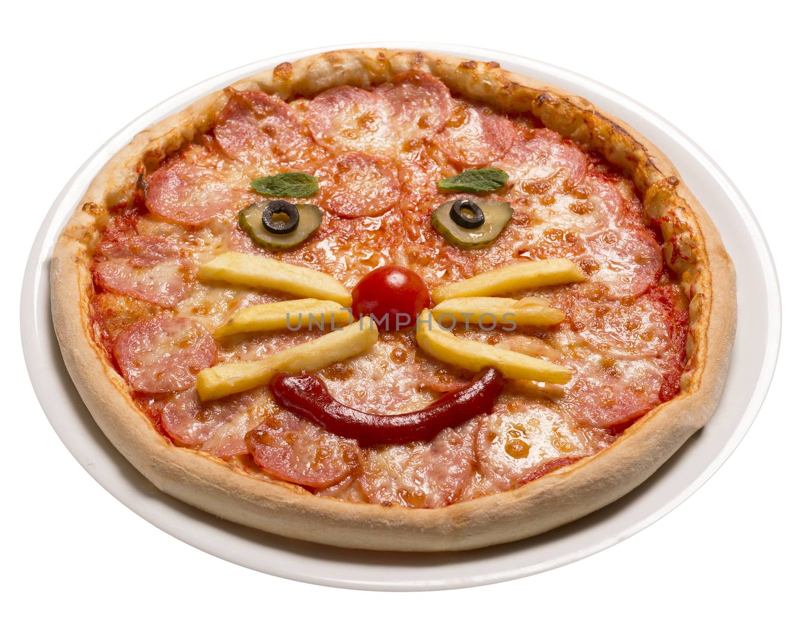 Pepperoni children's pizza will see a smiley face Isolated image on white by 977_ReX_977