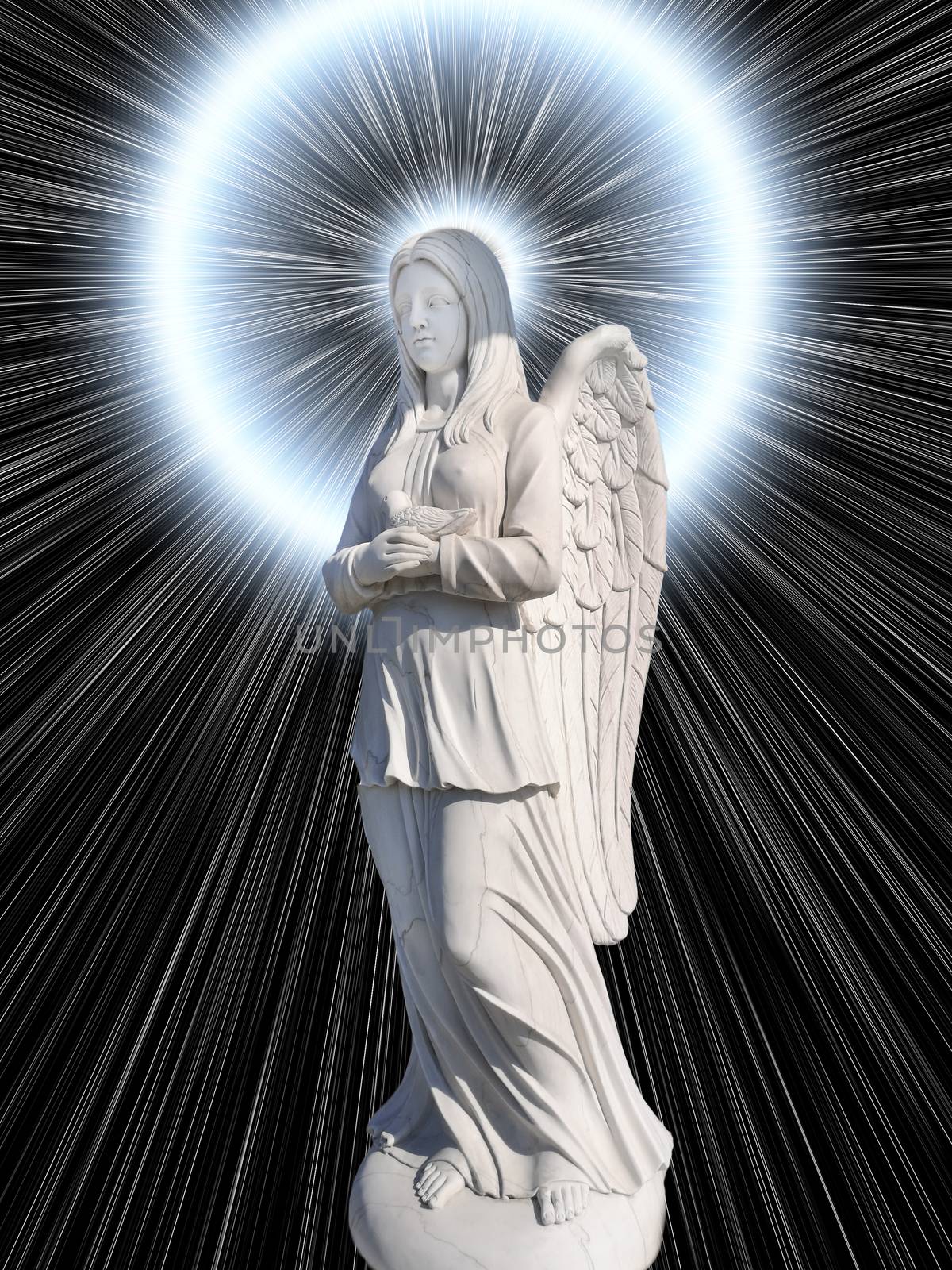 The cemetery monument in the form of an angel of white on a background of mystical light, white color.