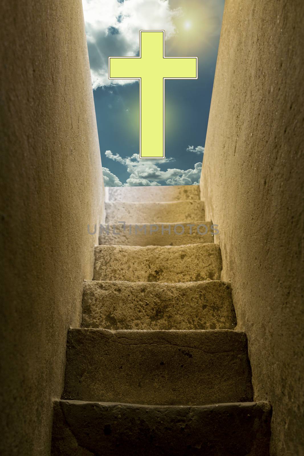 An old staircase leading from darkness to light and sky with a cross. The concept of the god of Christianity and the grace of God.