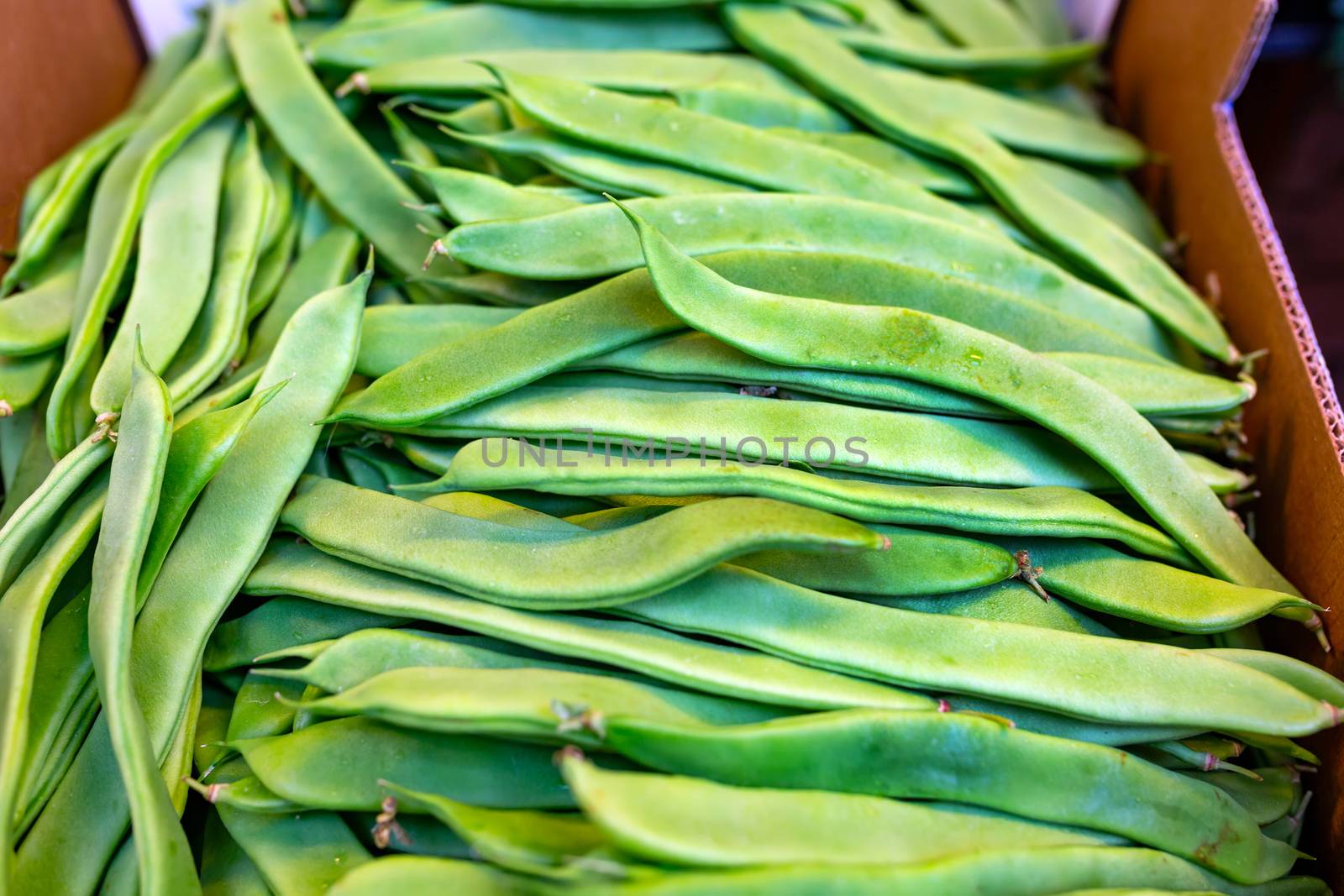 Young bean pods. Green background of vegetables close-up. Box bazaar. Whole raw green beans packed in a punnet for sale