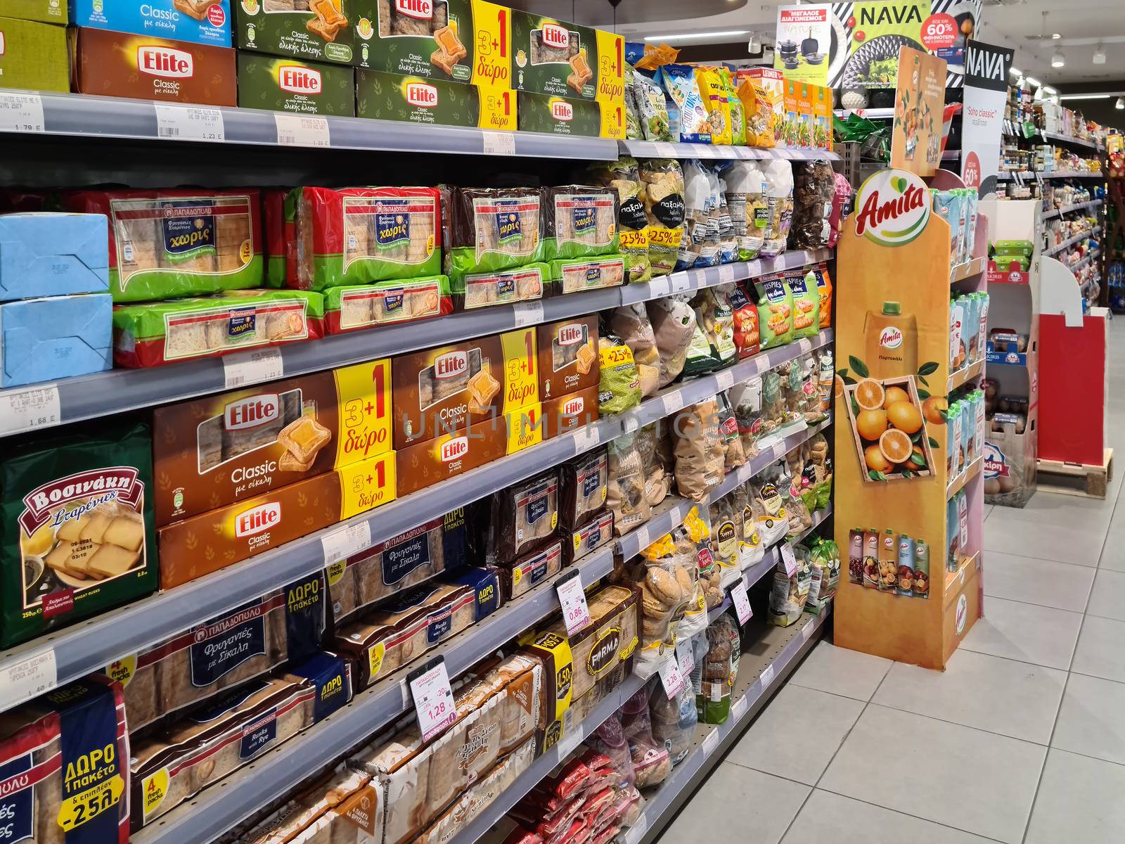 Interior view of food goods sold at local store chain Masoutis in Thessaloniki, Greece.