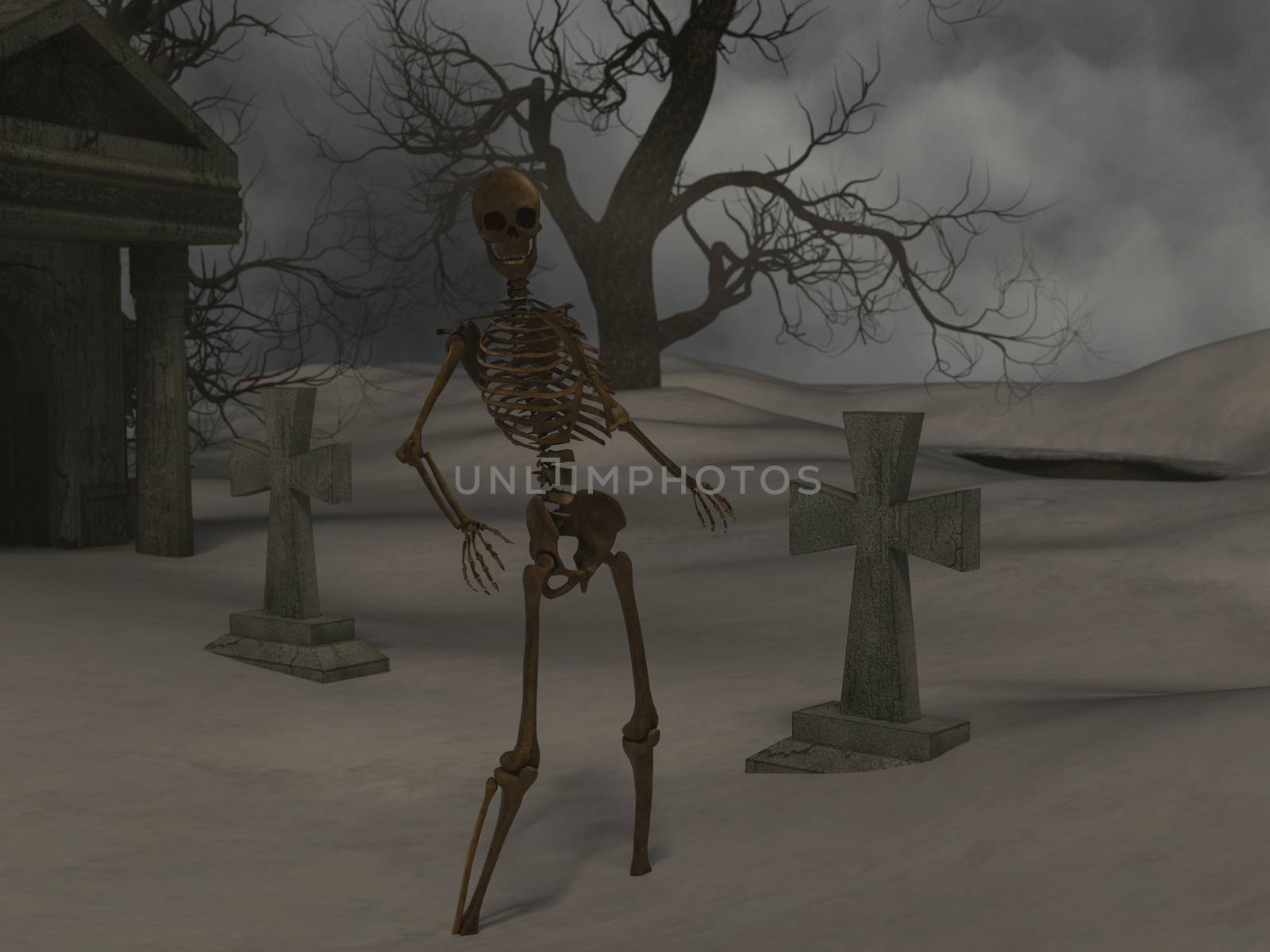 Walking skeleton in the spooky night near a crypt by ankarb