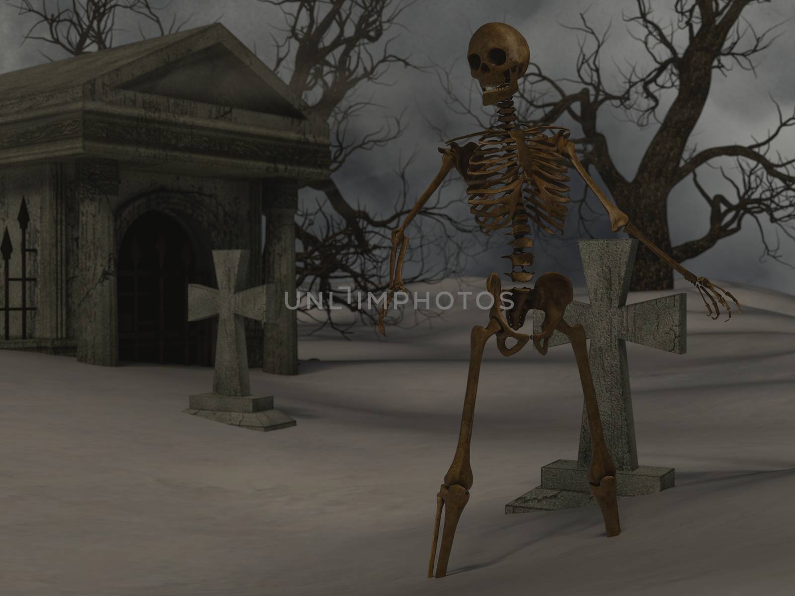 Walking skeleton in the spooky night near a crypt by ankarb