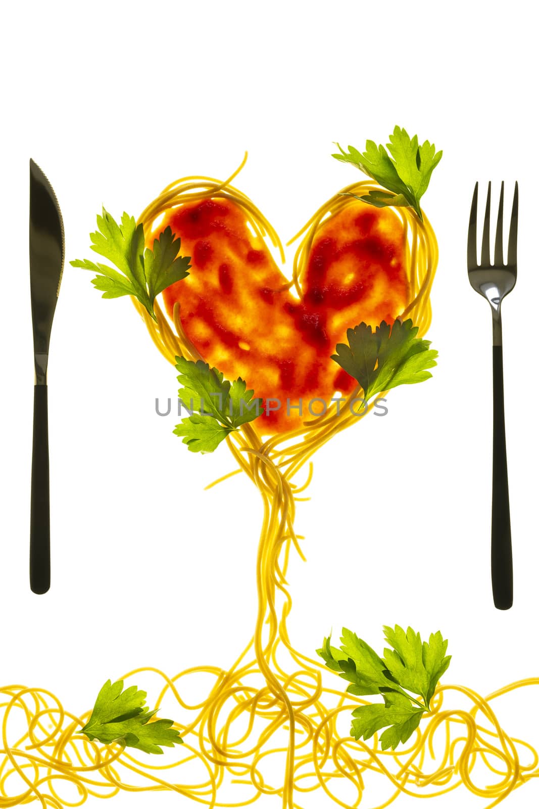 Swirls of cooked spaghetti with fork. Spaghetti heart shape. by sashokddt