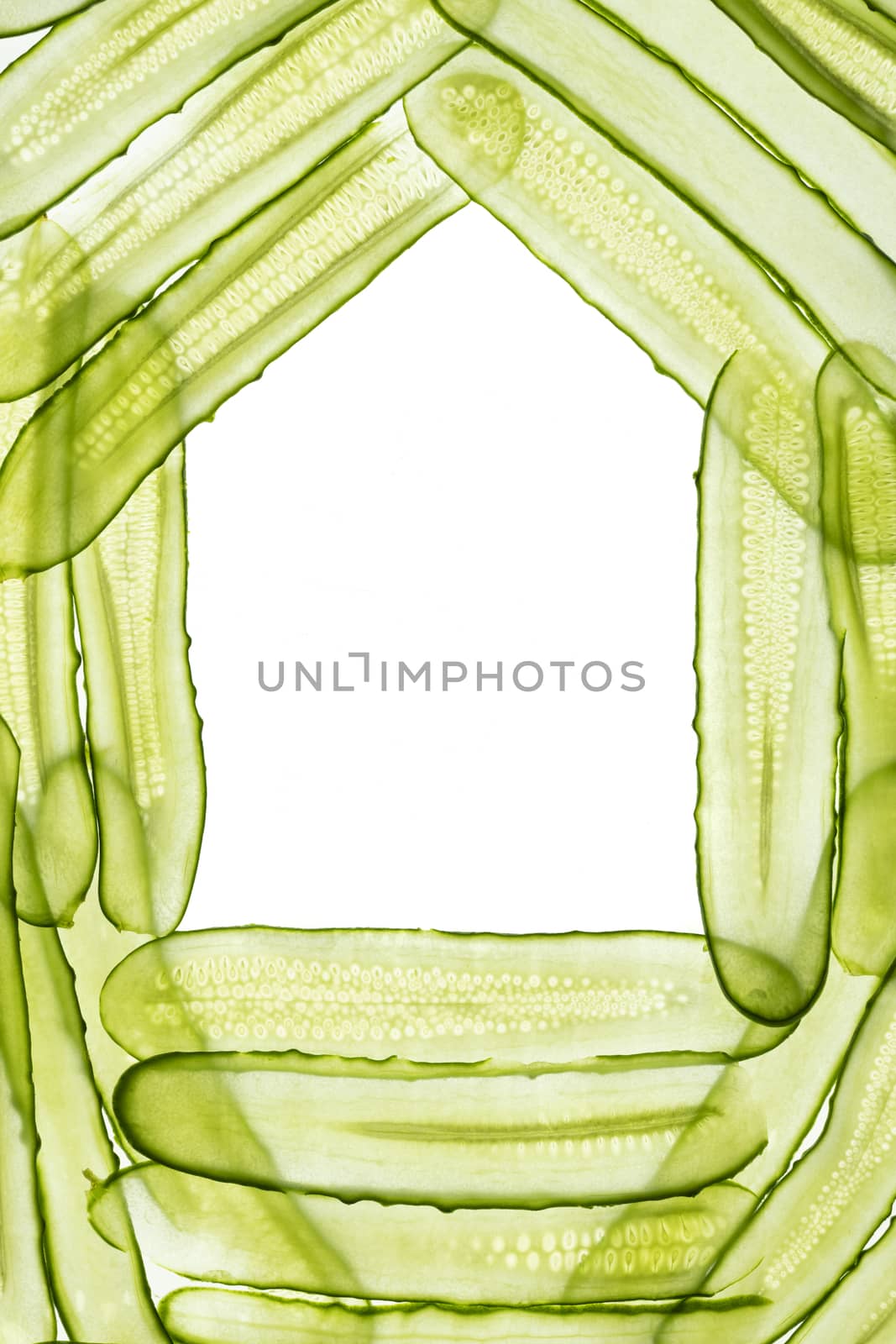 fresh sliced cucumber isolated on white background. Top view.
