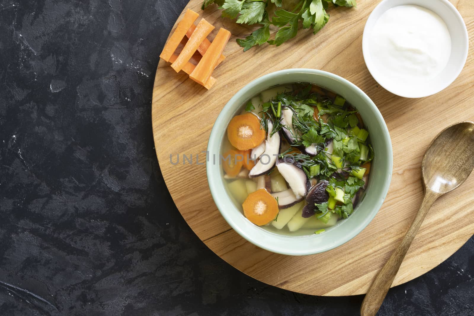 Soup with fresh white mushrooms and potato - traditional dish of russian cuisine in a clay bowl over dark wooden background.Top view with copy space