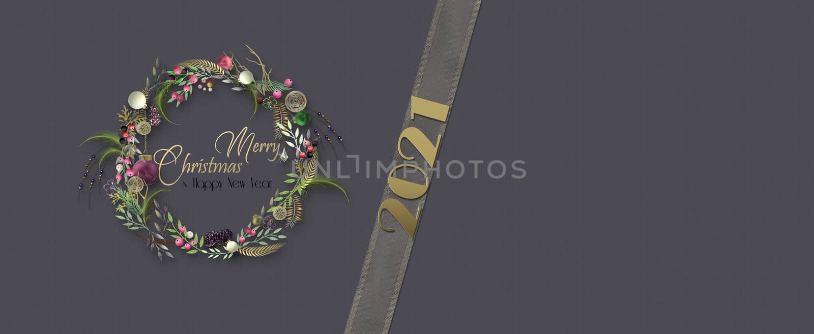 New Year holiday luxury banner for 2021. Xmas 3D wreath with Xmas balls baubles, ribbon with gold shiny digit 2021 on grey pastel background. 3D illustration banner. Place for text. copy space, mock