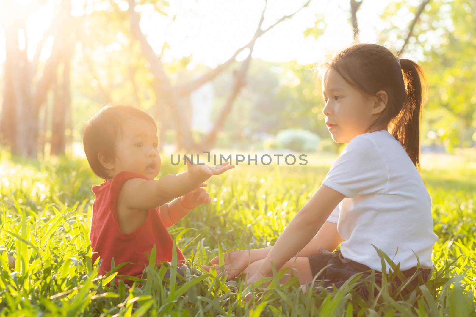 Beautiful young asian kid sitting playing in summer in the park  by nnudoo