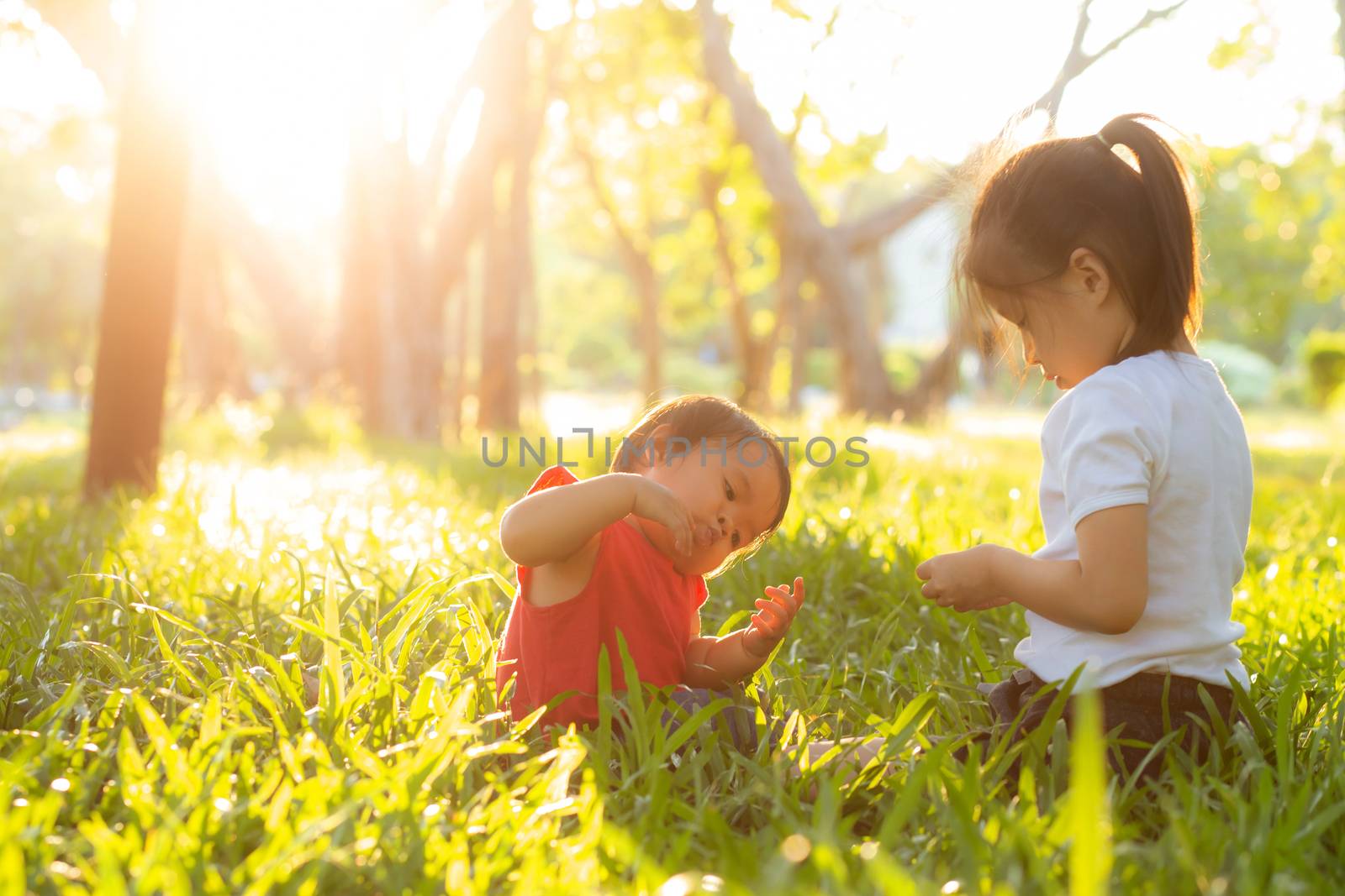 Beautiful young asian kid sitting playing in summer in the park  by nnudoo