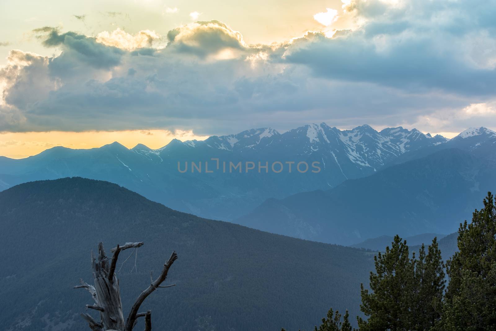 Magical sunset in the mountains of the Pyrenees in Canillo, Andorra.