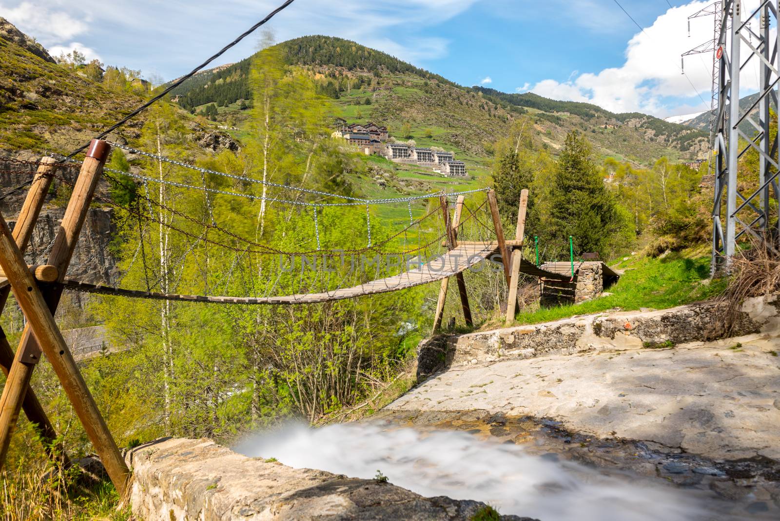 Canillo, Andorra : 6 mat 2020 : Suspension bridge over the Rio de la Bor, Canillo in Anodrra in spring