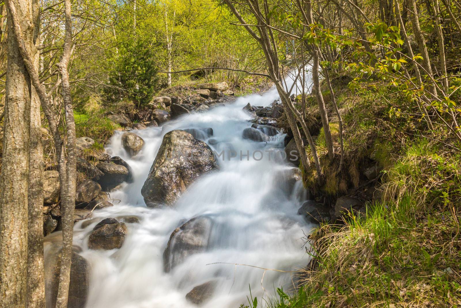Waterfall in the Riu de la Bor in L Aldosa de Canillo in Andorra in spring