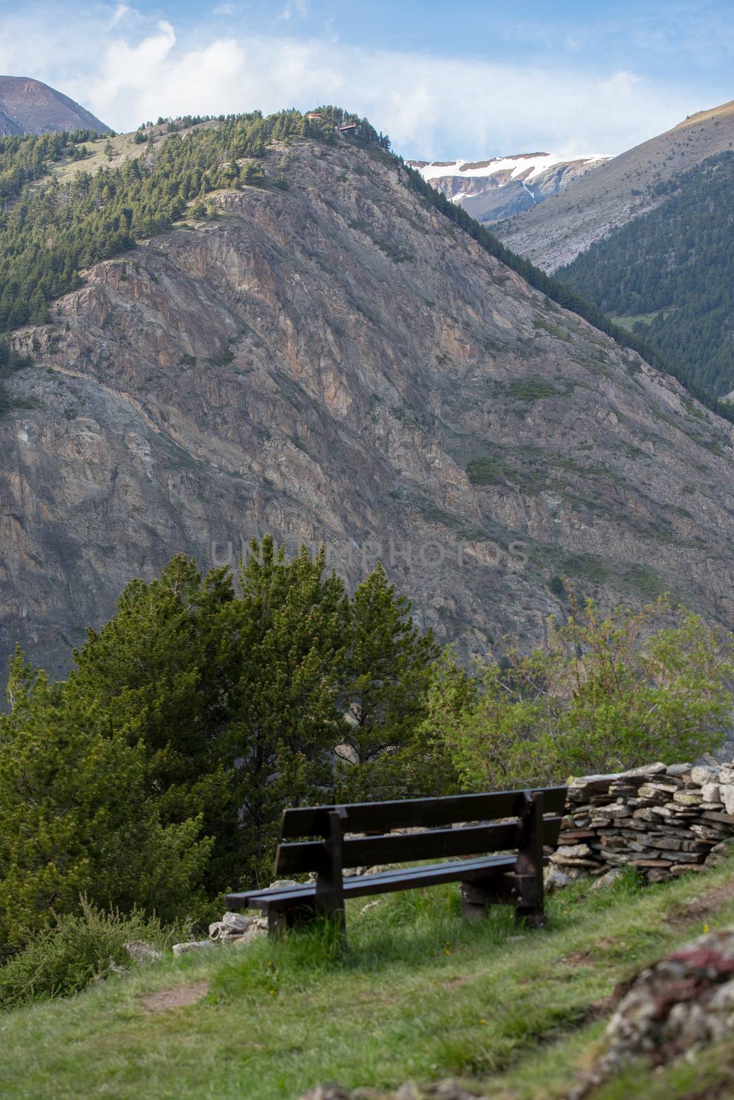 Beautiful view of the Andorran mountains in Canillo, Bench overl by martinscphoto