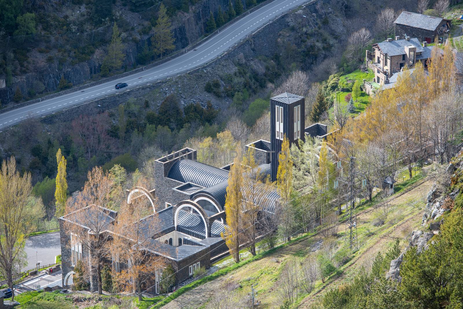Meritxell, Andorra : 2020 2 May : Sunny day in the town of Meritxell in Canillo, Principality of Andorra, next to the Sanctuary of Our Lady of Meritxell.