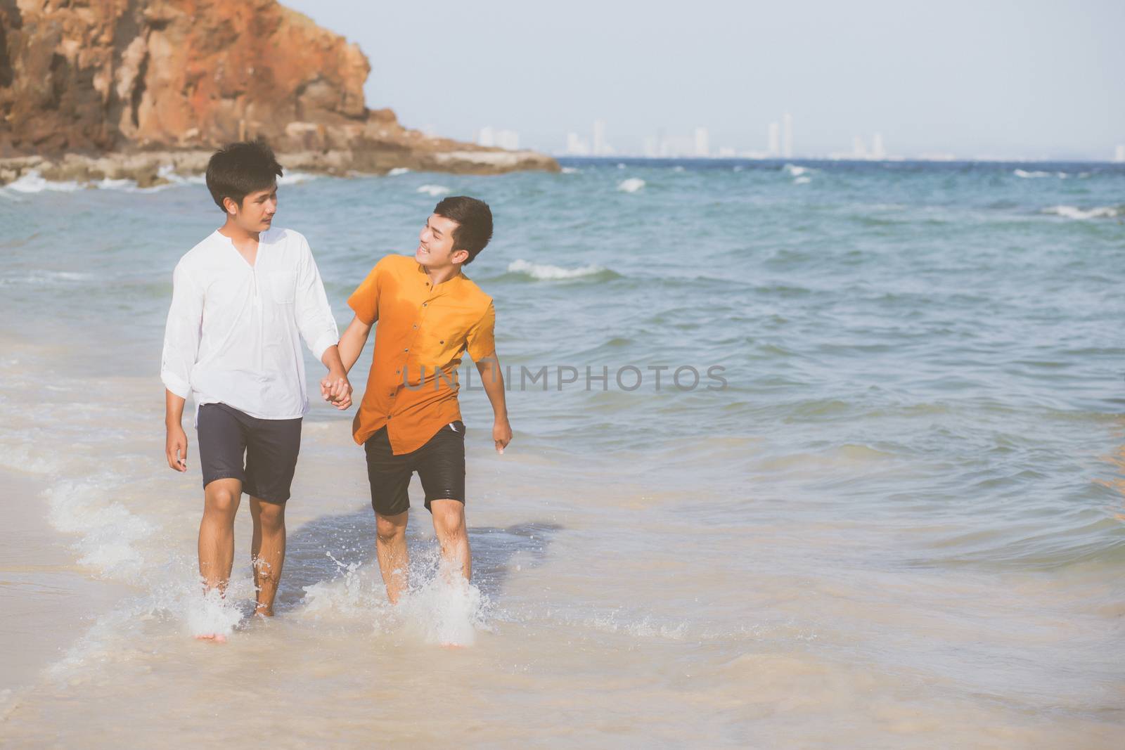 Homosexual portrait young asian couple walking with cheerful tog by nnudoo