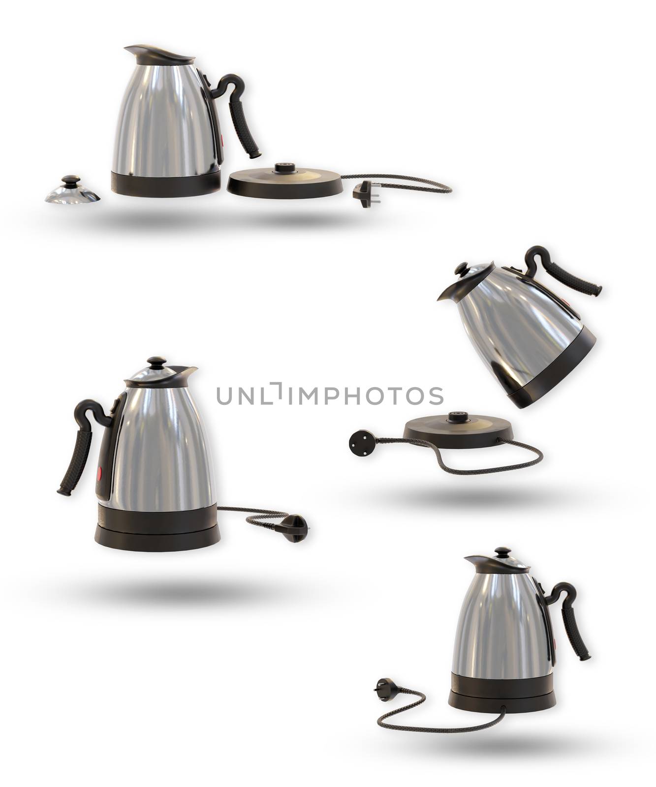 Electric kettle in modern shape. Can be used to boil water more conveniently and easier to brew coffee or tea. Isolate and clipping path on a white background. Concept of kitchenware. 3D rendering.