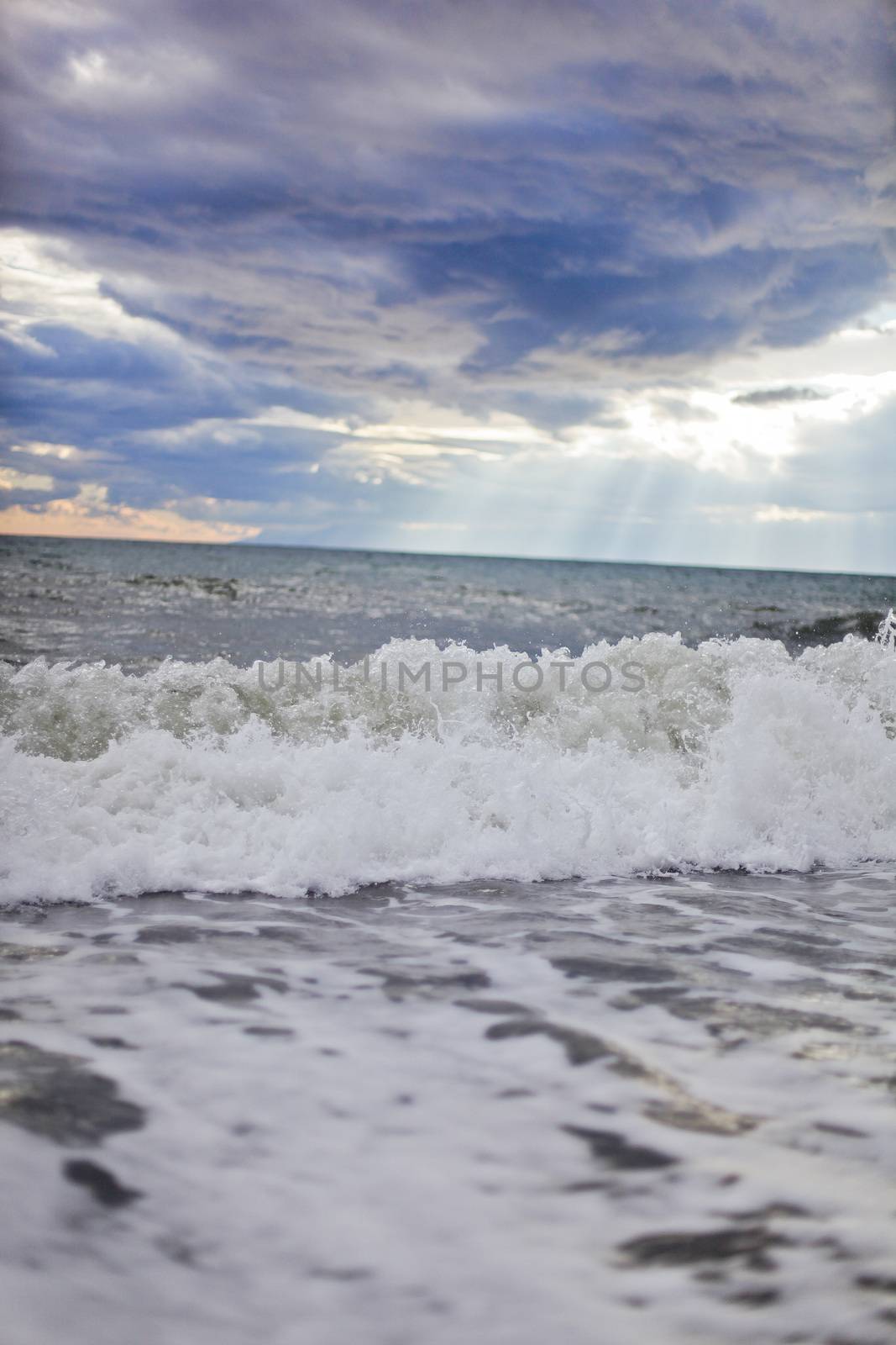 Sea or ocean cloudy sky wave after storm. Space for text. by polyats