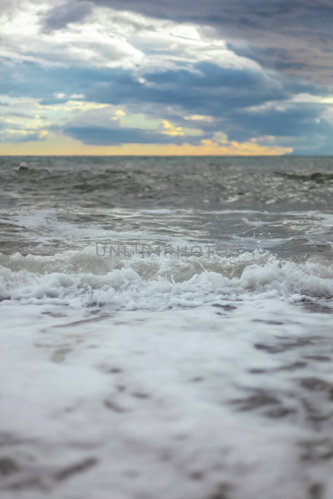 Sea or ocean cloudy sky wave after storm. Space for text. by polyats