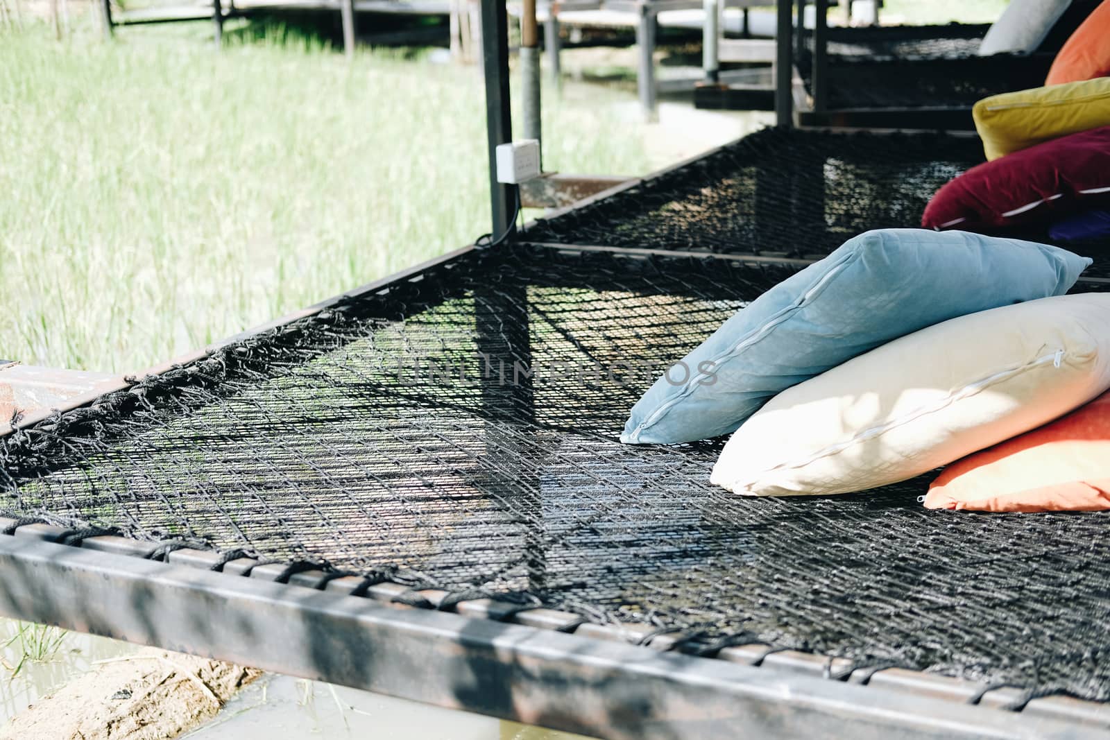 black thread rope net bed pillow for sleeping beside rice paddy field