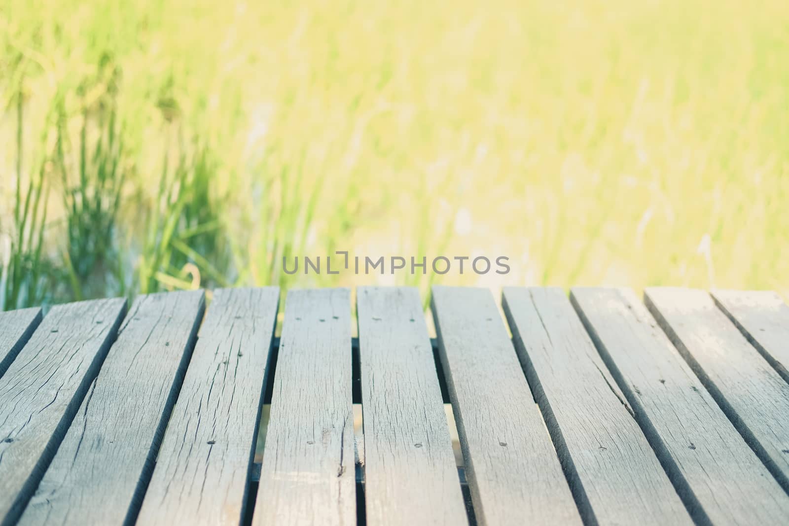 wooden table with rice paddy field background for montage display product