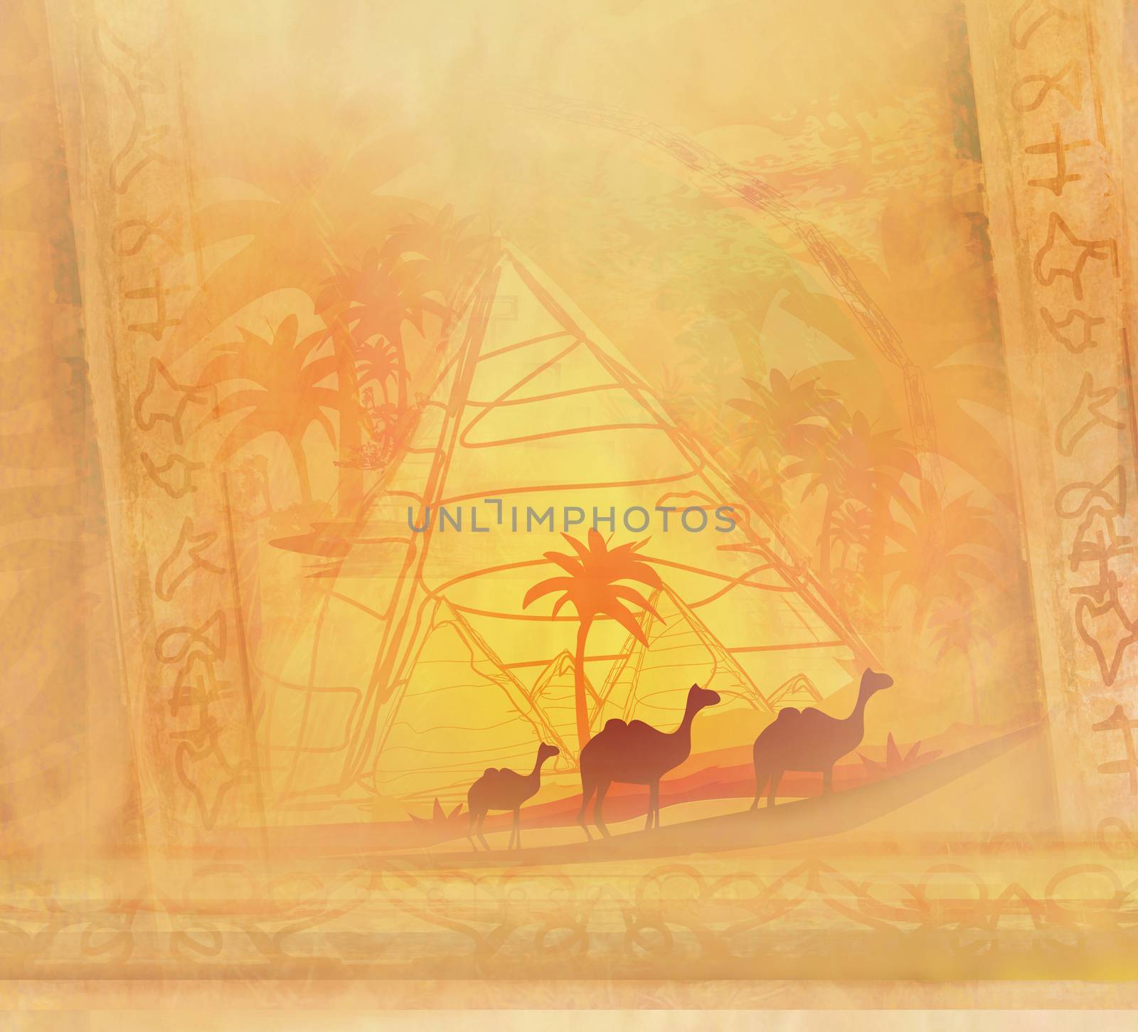 Vintage background with pyramids and camels by JackyBrown