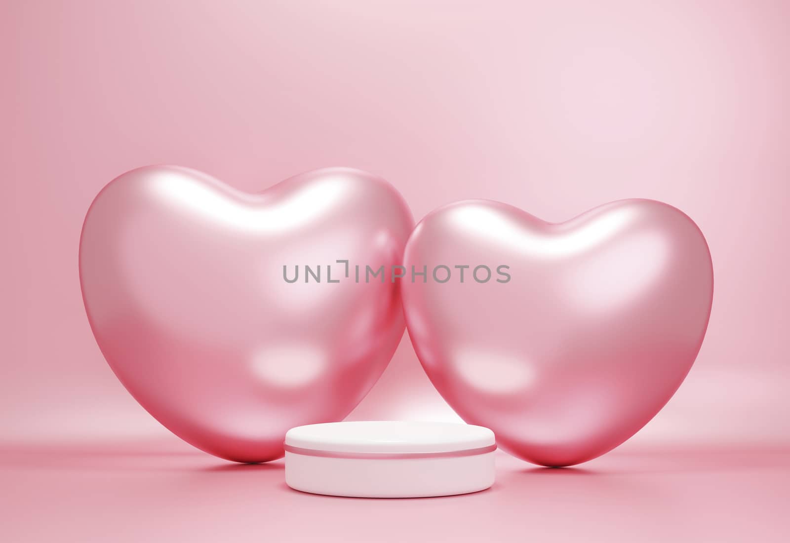 Empty podium and rose gold hearts on pink paper background with copy space 3d render