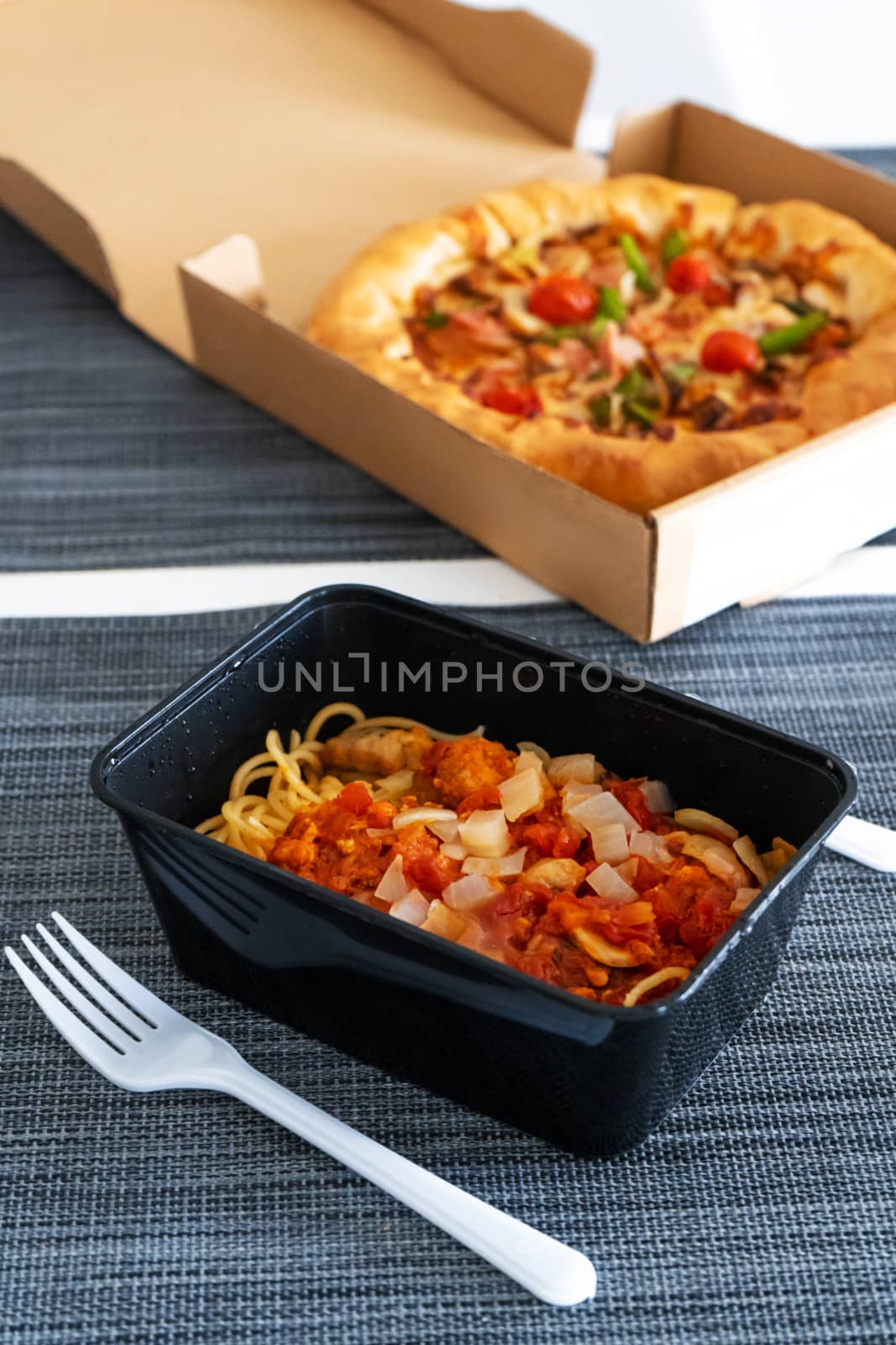 Set lunch, pizza with pasta. Food delivery.
