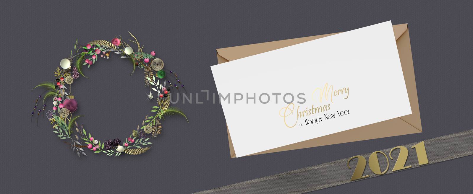 Mock up, holiday New Year Christmas design. Xmas 3D wreath, gold digit 2021 on gold ribbon, envelope, text Merry Christmas Happy New Year on dark black background. 3D render. Mock up, place for text